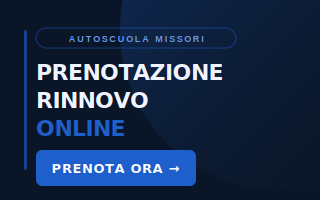 Banner for Autoscuola Missori announcing online renewal booking, with a blue 'Prenota ora' button.